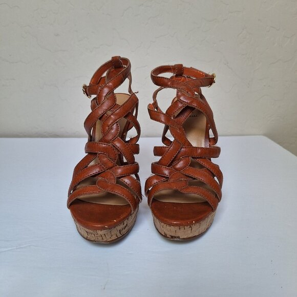 Y2K Bakers platform sandals strappy tan cognac leather cork caged chunky heels - Picture 2 of 12